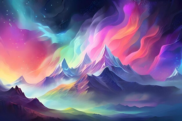 a colorful landscape with mountains and clouds