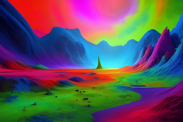 a colorful landscape with mountains and a rainbow