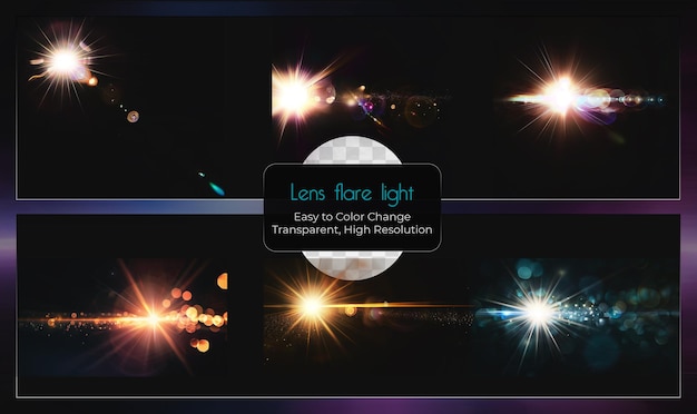 PSD colorful lens flare light effect set on transparent background