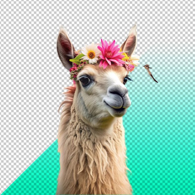 PSD colorful llama with nature with pink flower and birds on transperent background