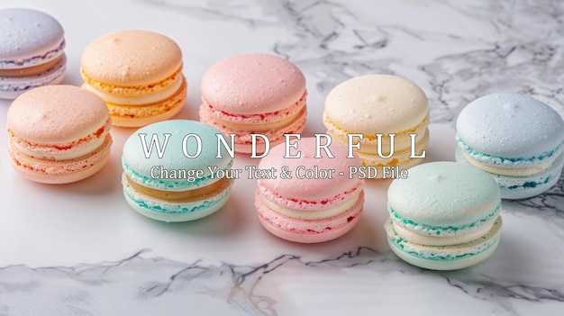 PSD colorful macarons on marble background