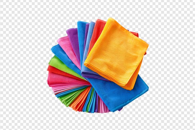 PSD colorful microfiber cleaning cloths arranged in a fan shape on a transparent background