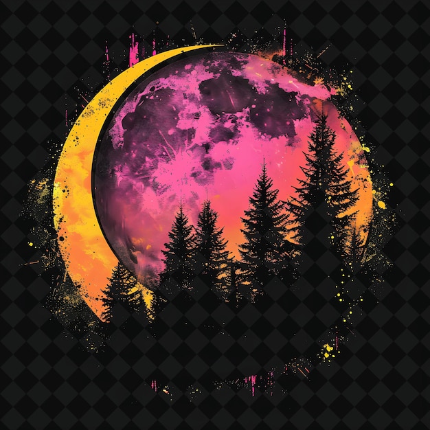 a colorful moon with trees on it and a moon in the background