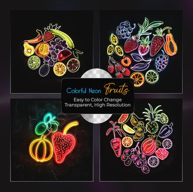 PSD colorful neon fruits set on transparent background