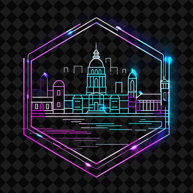 PSD colorful neon minsk cityscape within a silhouette hexagon la png y2k monoline cityscape collage art