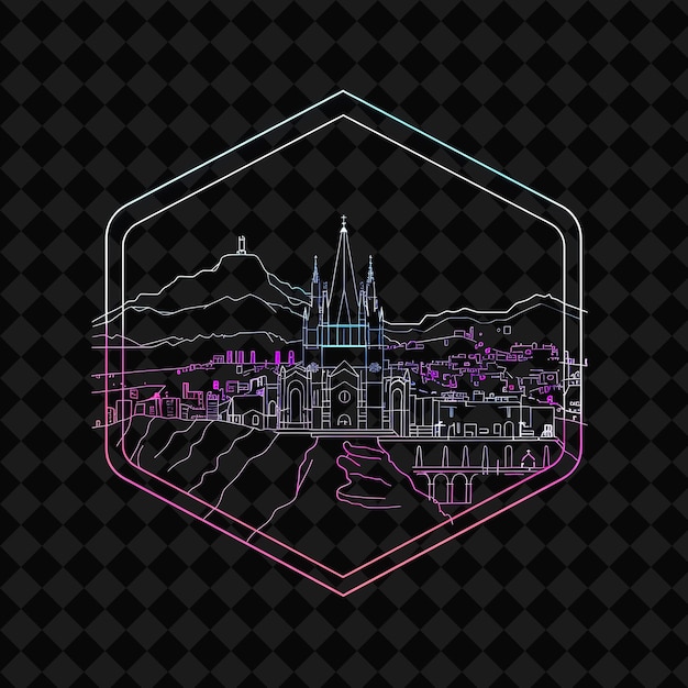 PSD colorful neon quito cityscape within a silhouette hexagon la png y2k monoline cityscape collage art