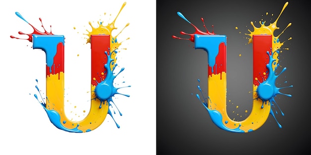 Colorful paint splatter letter U on transparent background