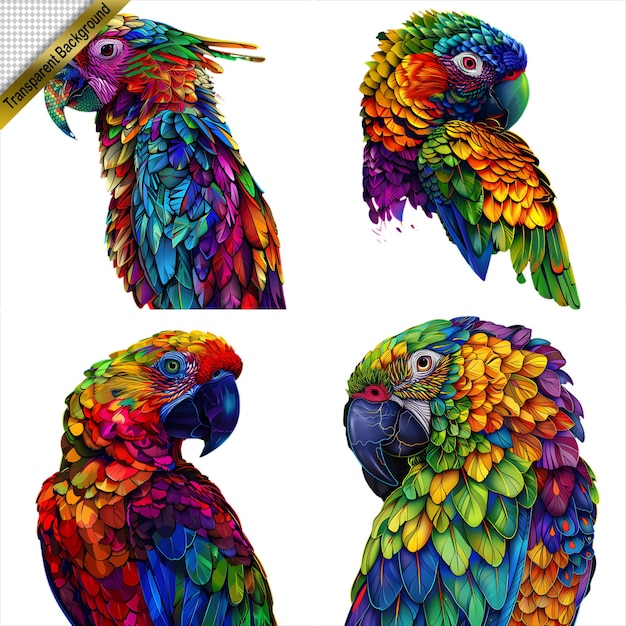 PSD colorful parrot collection isolated with no background