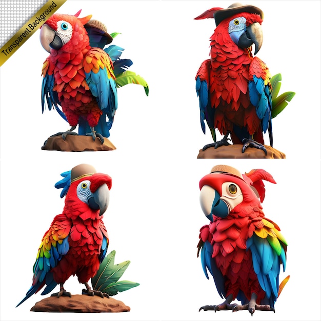 Colorful Parrots Collection on Transparent Background