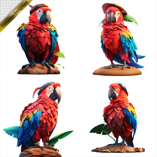 Colorful Parrots Collection on Transparent Background