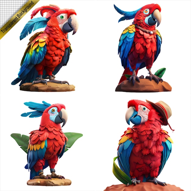 Colorful Parrots Collection on Transparent Background