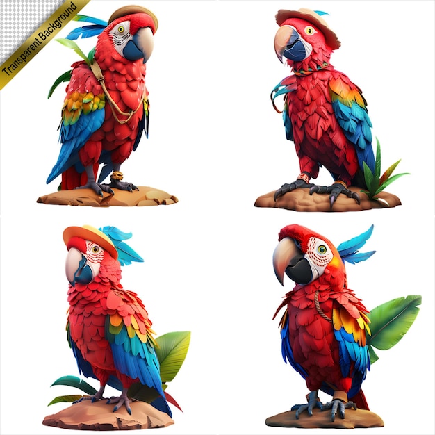 Colorful Parrots Collection on Transparent Background