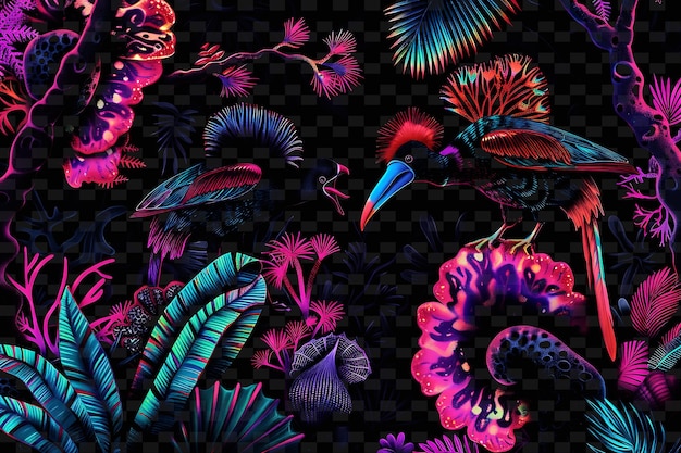 PSD a colorful pattern of plants and animals with the word parrots