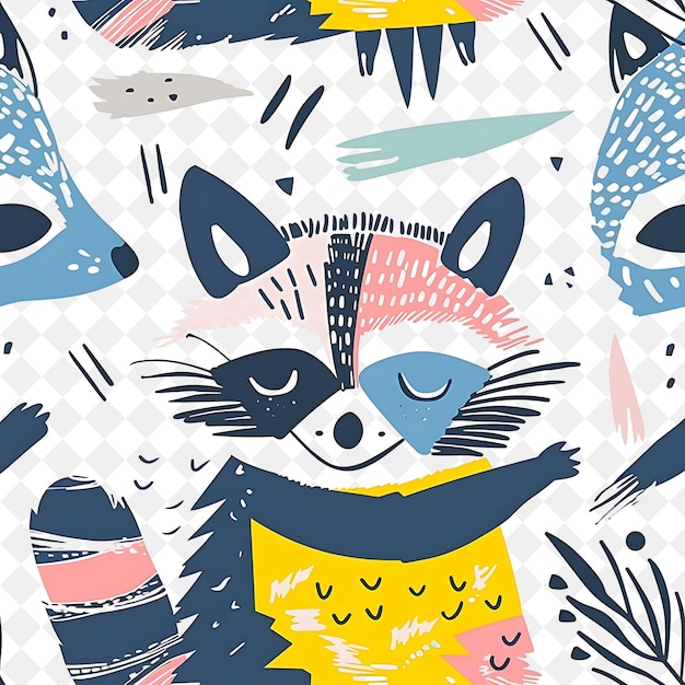 a colorful pattern with a fox and a blue and white background