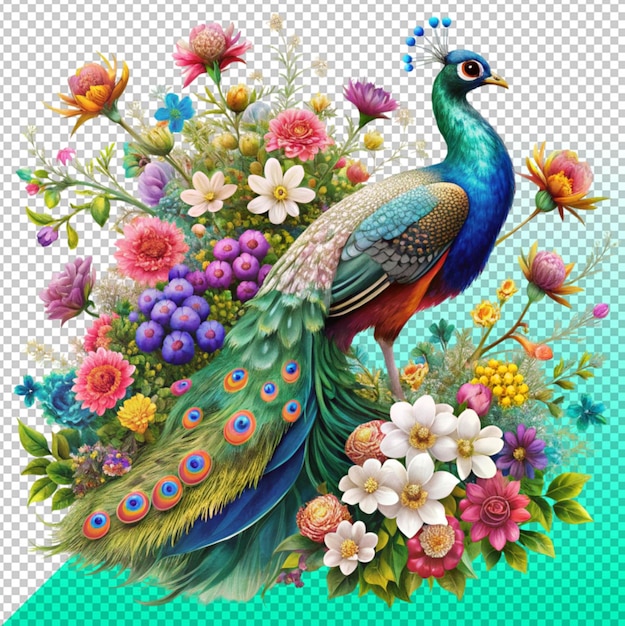 PSD colorful peacock setting in the flower branch on transperent background