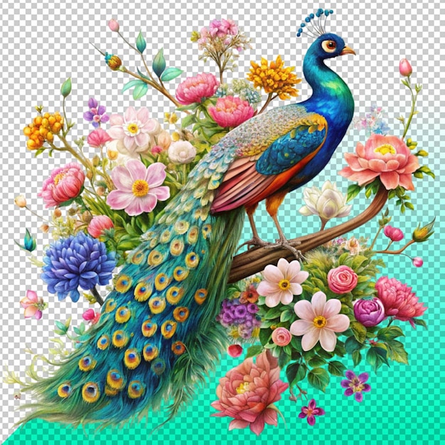 PSD colorful peacock setting in the flower branch on transperent background