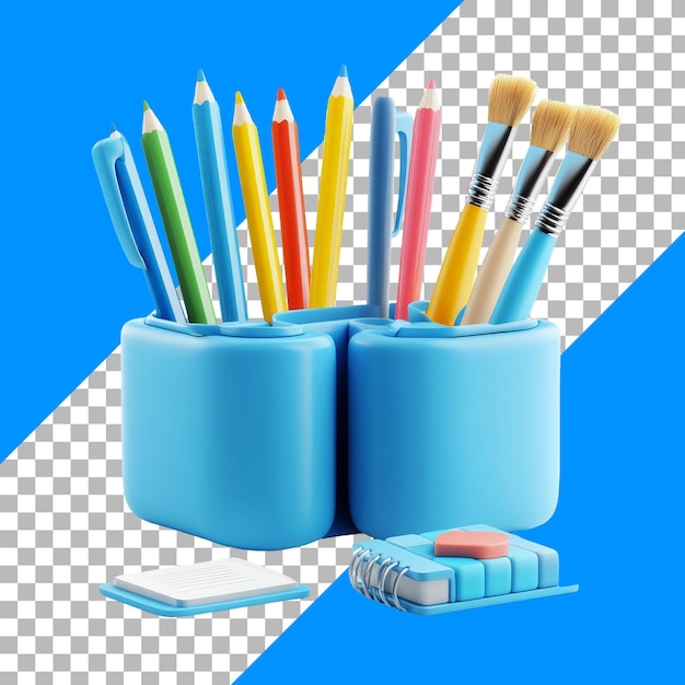 Colorful Pencil Holder with Stationery and Brushes on Modern Blue Background