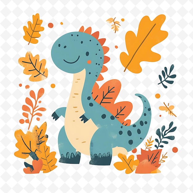 a colorful picture of a dinosaur with autumn leaves and a white background