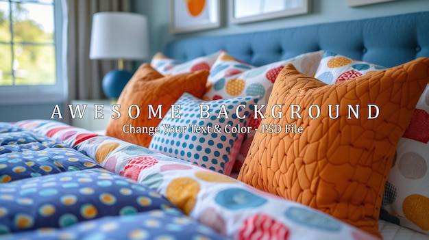 PSD colorful pillows on a bed with a blue headboard