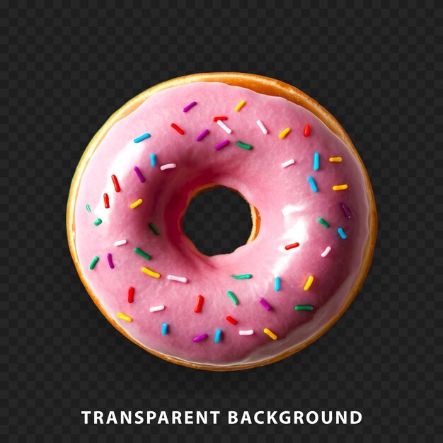 A colorful pink donut with sprinkles isolated on transparent background