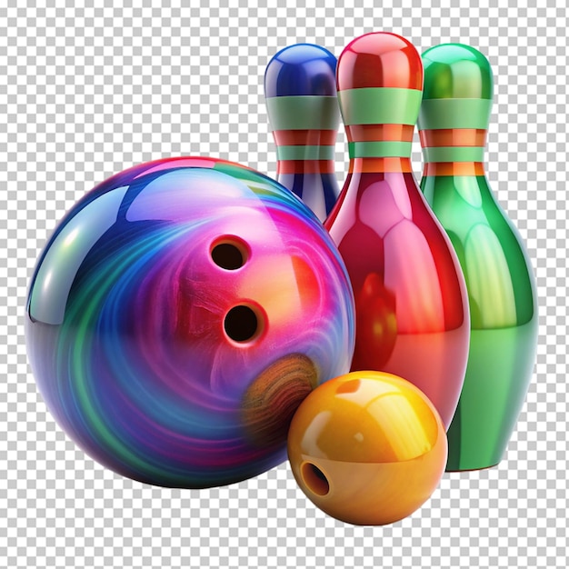 Colorful plastic skittles of toy bowling with ball