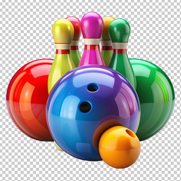 Colorful plastic skittles of toy bowling with ball