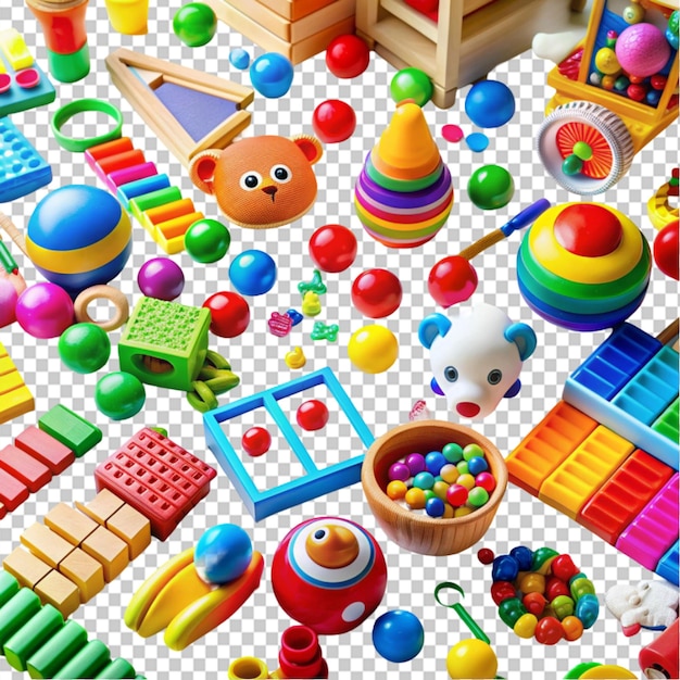 PSD colorful and playful toy collection scattered on transparent background