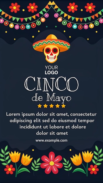 PSD a colorful poster for cinco de mayo featuring a skull and a sombrero