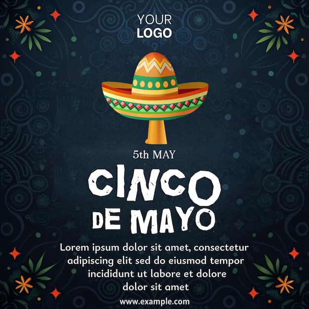 PSD a colorful poster for cinco de mayo featuring a sombrero and a mexican flag