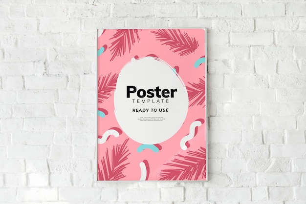 PSD colorful poster template on a white brick wall