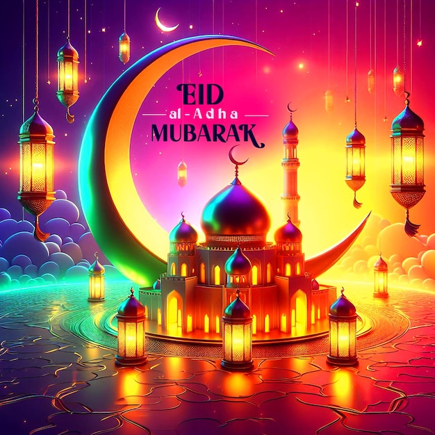 A colorful poster with a mosque moon and lantern for Eid al Adha