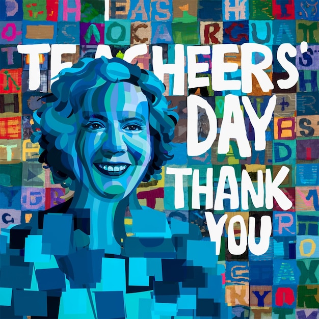 a colorful poster with a woman smiling and the words teacher day on it