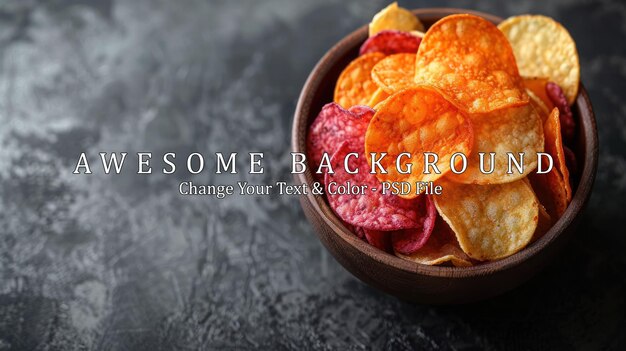 PSD colorful potato chips in a wooden bowl