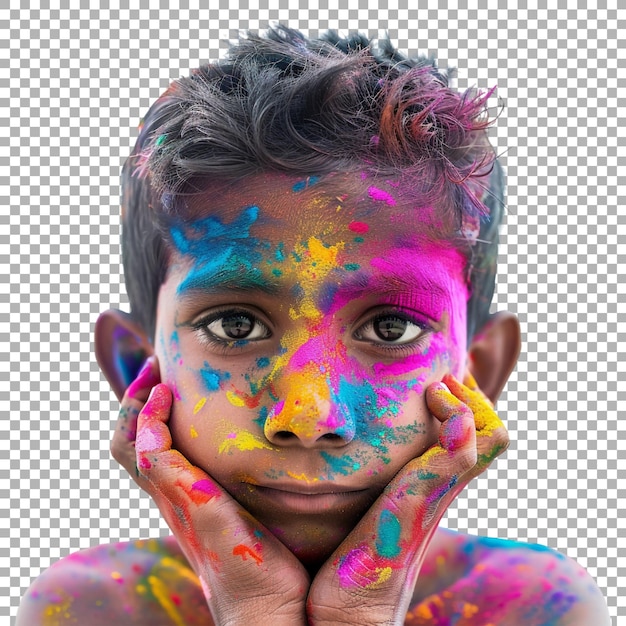 PSD colorful powder on young boy face on transparent background ai generated