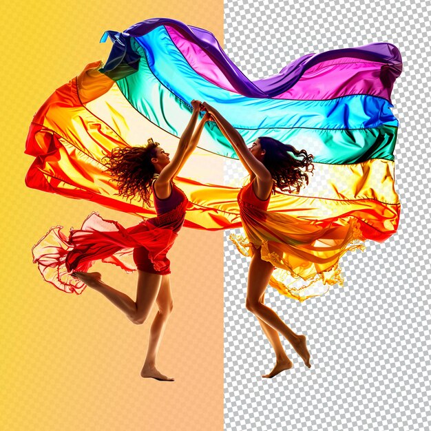 PSD a colorful rainbow colored dress with a woman dancing in the middle