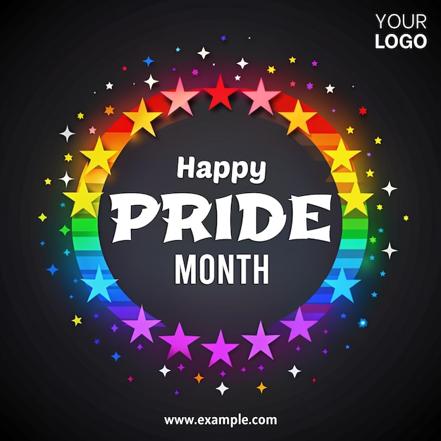 A colorful rainbow with stars surrounding it that says Happy Pride Month