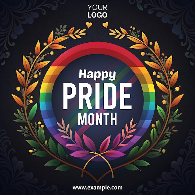 PSD a colorful rainbow with a wreath around it that says happy pride month