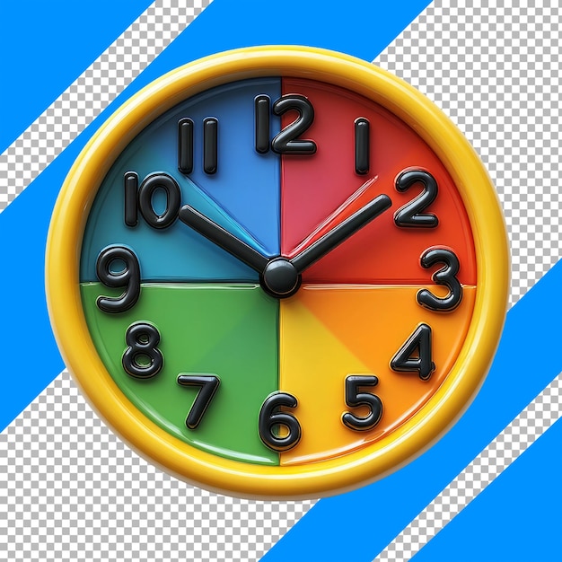 PSD colorful retro clock with yellow frame and bold numbers on blue and white striped background