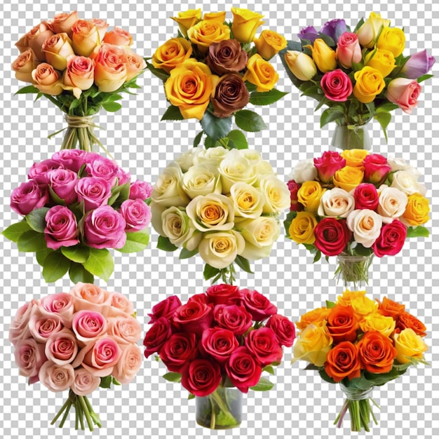 PSD colorful rose bouquets collection transparent background