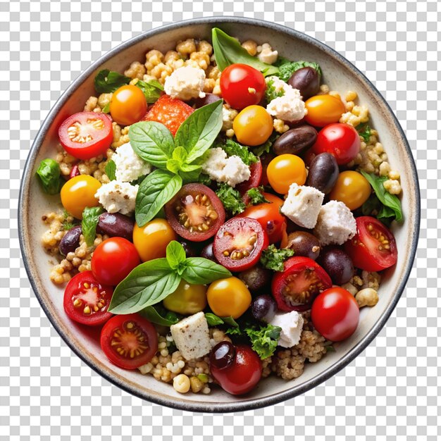 A colorful salad with feta cheese on transparent background