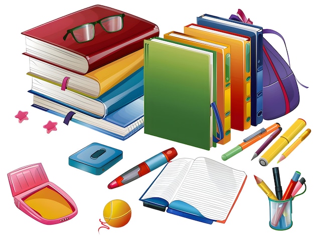 Colorful School Books and Supplies Isolated on Transparent Background for Education