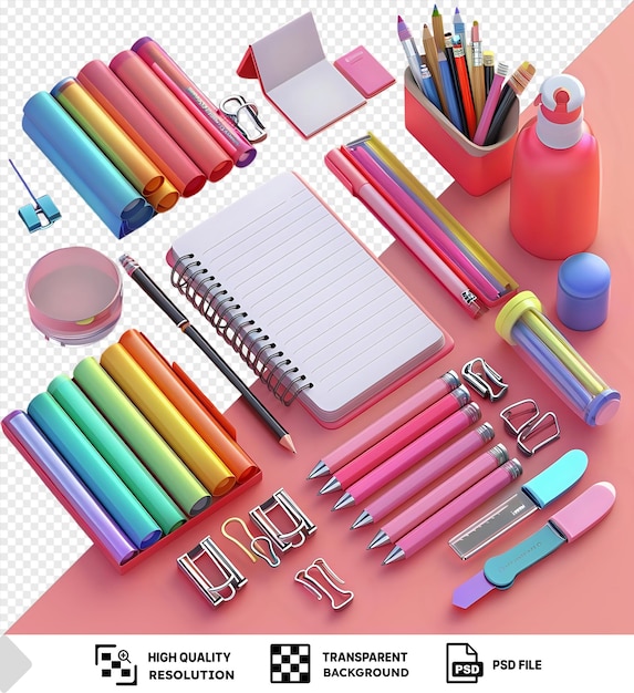 PSD colorful school supplies arranged on a pink background with transparent background