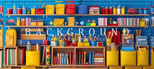 PSD colorful school supplies organized on wooden shelves