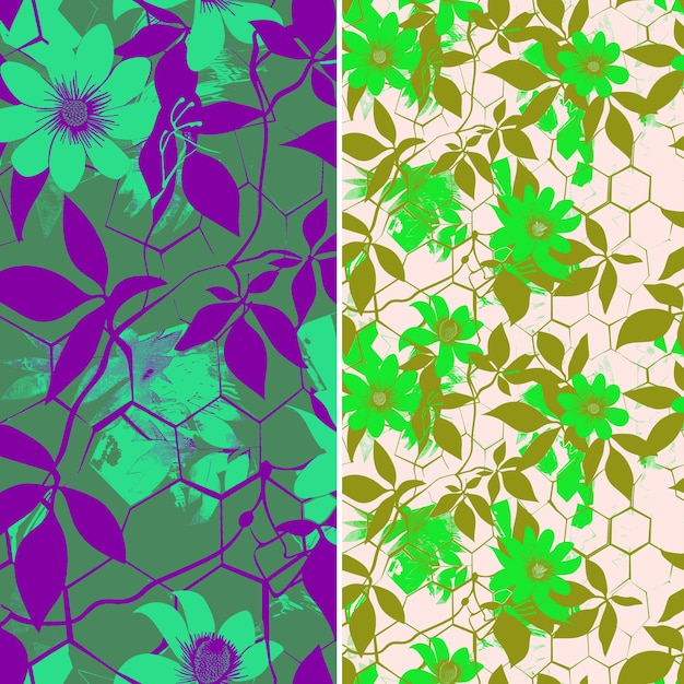 a colorful set of flowers and leaves in green and purple