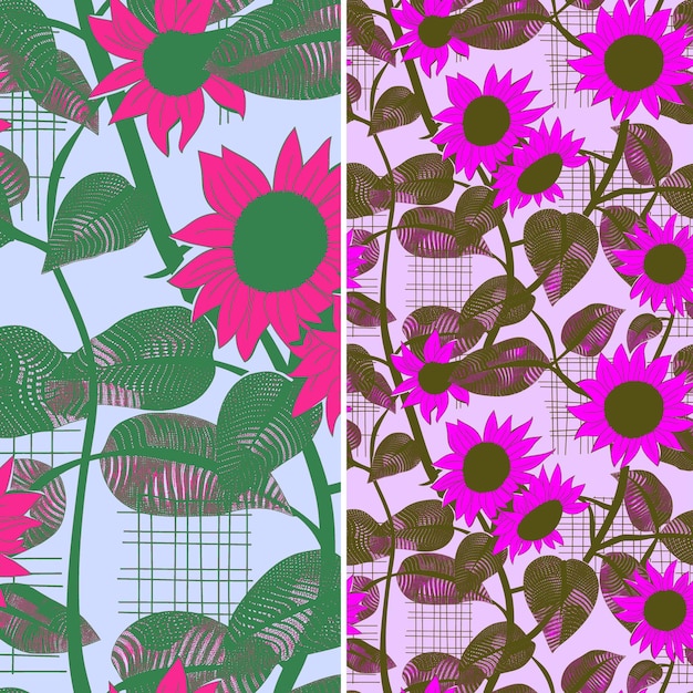 a colorful set of flowers with a pink and green background