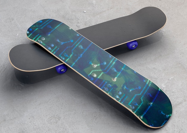 Colorful skateboards with mock-up on the floor