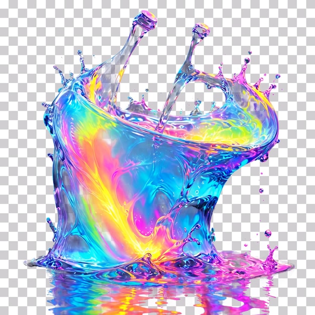 A colorful splash of water with the colors of the rainbow isolated on transparent background