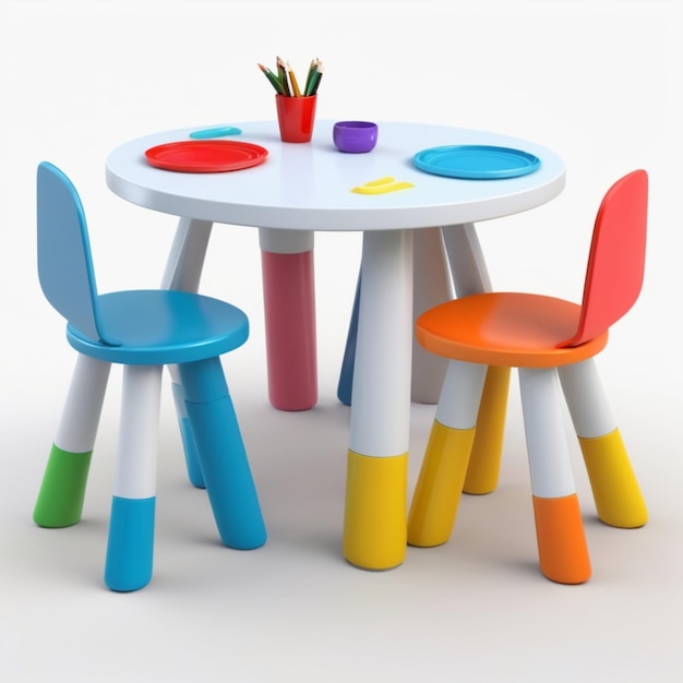 a colorful table with chairs and a table with a pencil and a pencil on it