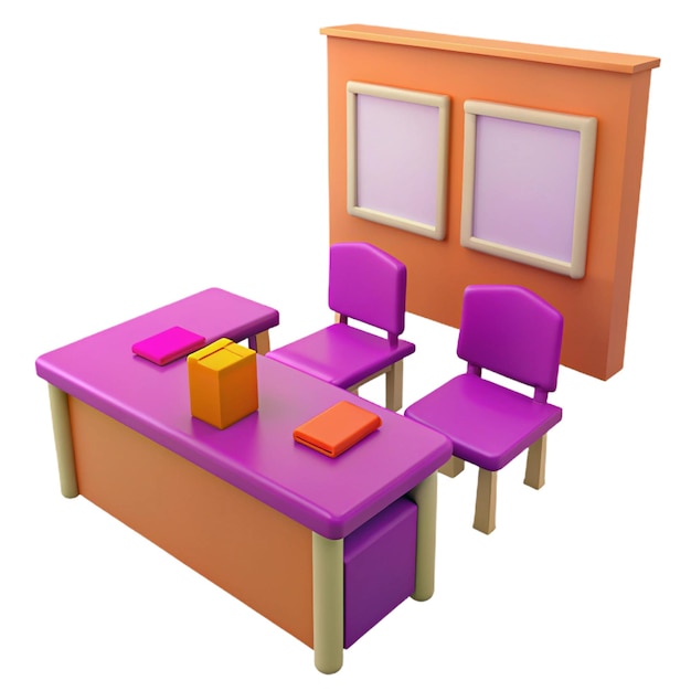 PSD a colorful table with chairs and a window with a purple table and a purple chair