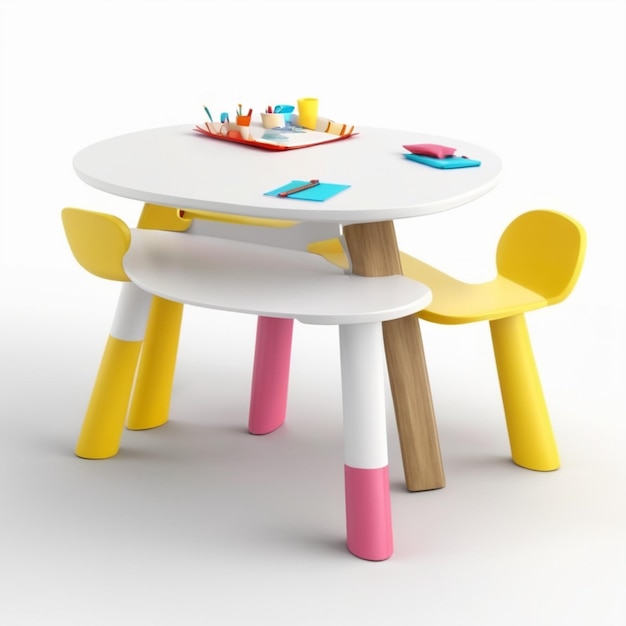 a colorful table with a white table and chairs with a tray on it